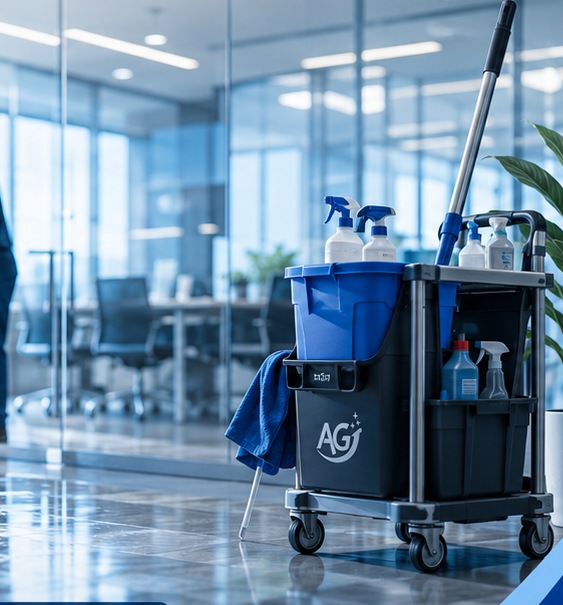 Professionelle Reinigungsausstattung von Aura Glanz Service im modernen Büro